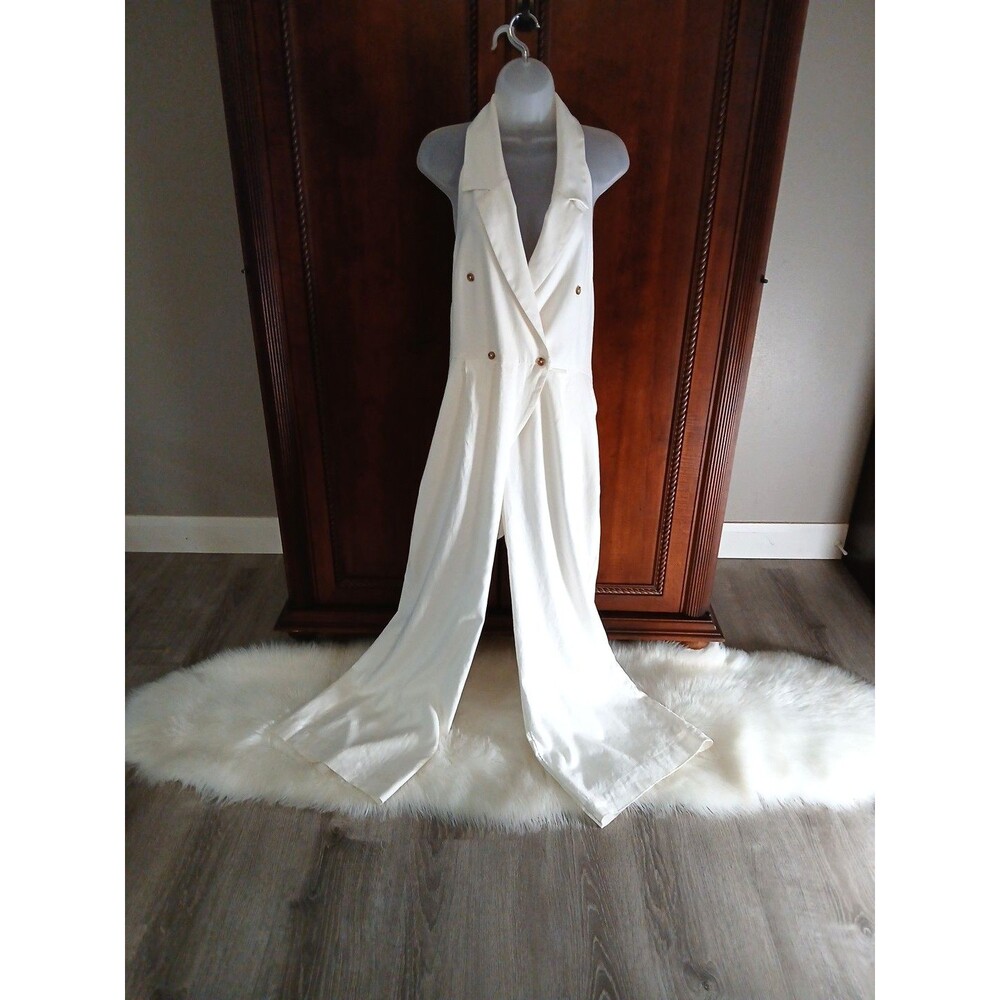 NWT Banana Republic Size 12 Open Back Wide Leg Linen Blend White Jumpsuit